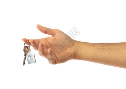 男手握着在白色背景上孤立的房屋钥图片
