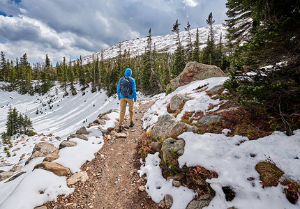 美国科罗拉多州洛基山公园的雪地足迹上背着包图片