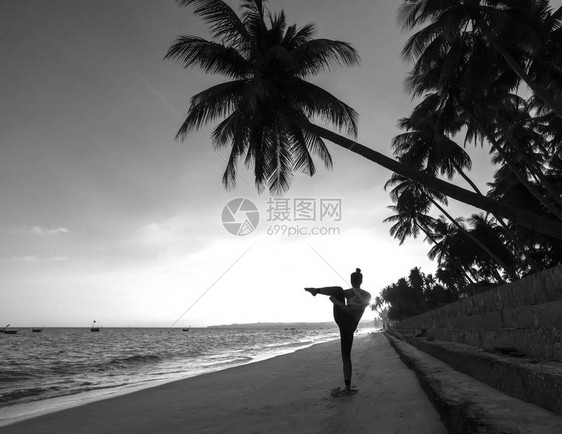 在棕榈树旁的海滩上做瑜伽锻炼美丽的天堂海滩上图片