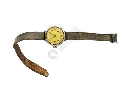 旧式的黄色彩手表和白色背景上被隔离的皮图片
