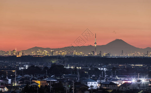 东京夜景东京天树地标东京市中心建筑区和冬季藤山TokySk图片