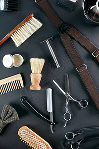 理发店工具和设备男扫帚工具和灰色背景的辅助工具高分图片