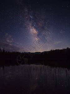 夜空中的银河系倒映在下面的湖中图片