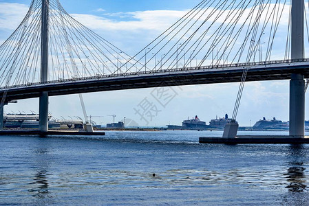 以天空和多云景观为背景的圣彼得堡河流或海湾上的大图片