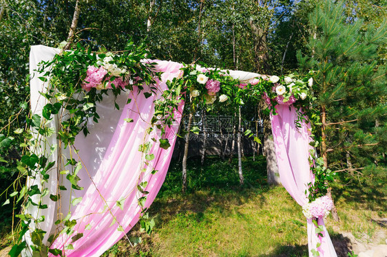 美丽的拱弧用于户外仪式装饰着花朵和绿树枝花朵美丽地交织图片