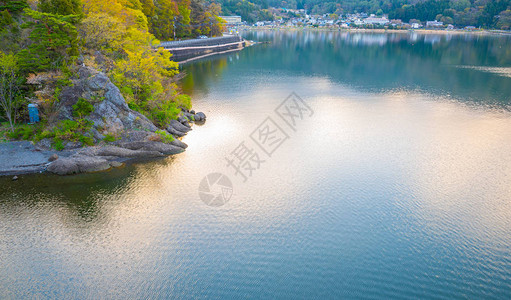 日本河口湖市早晨湖和草的图像图片
