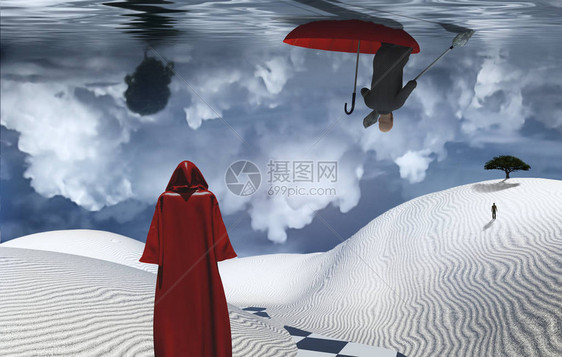 披风中的身影站在沙漠中人漂浮在红伞中沙丘上的绿树远处的人影云图片