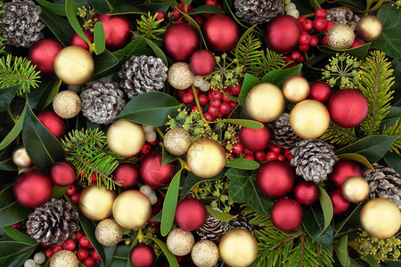 圣诞背景与红色和金色的摆设装饰与冬青常春藤槲寄生和松果植物群节日的图片