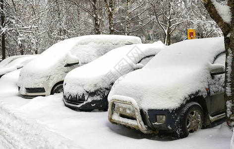 下雪之后的车在一层雪之下背景图片