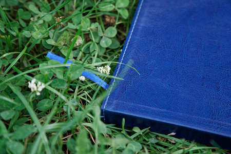 公园绿草上的蓝色记事本图片