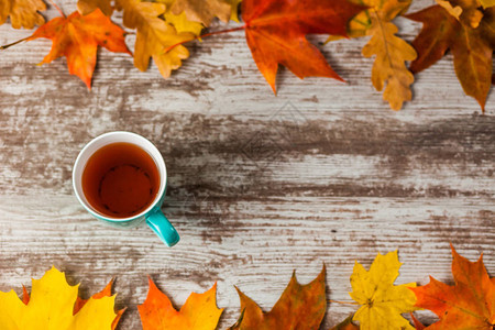 一杯茶木制背景上的秋叶框架黄色红图片