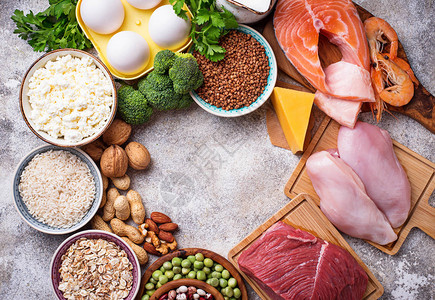 蛋白质含量高的健康食品肉鱼乳制品坚果和豆图片
