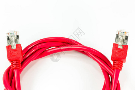 RJ45连接器的红色补丁电缆白图片