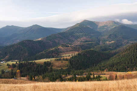 秋天风景与山脉的景观位于林地图片