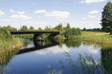 穿过池塘的老木桥铁轨狭窄阳图片