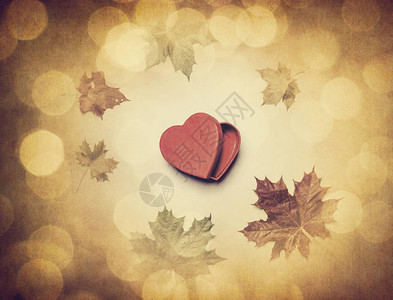 秋叶和心形盒礼物背景图片
