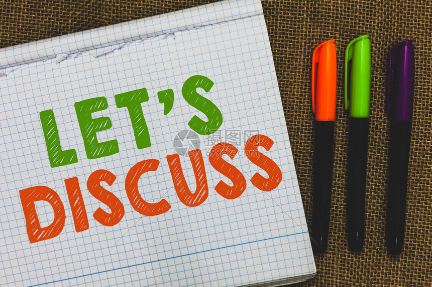 显示Lets的概念手写是讨论商务照片文本允许谈话打开话题聊天分享打开笔记本黄麻背景彩色高清图片下载-正版图片505442190-摄图网