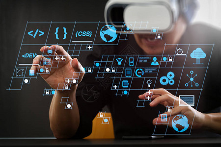 编码软件开发人员使用AR新设计仪表板计算机图标Scrum敏捷开发和代码分叉以及响应网络安全的版本控制戴着虚拟现实图片