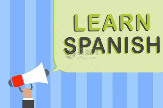 显示学习西班牙语的书写笔记商业照片展示西班牙翻译语言词汇方言语音人手持扩音器扬声器语音气泡图片