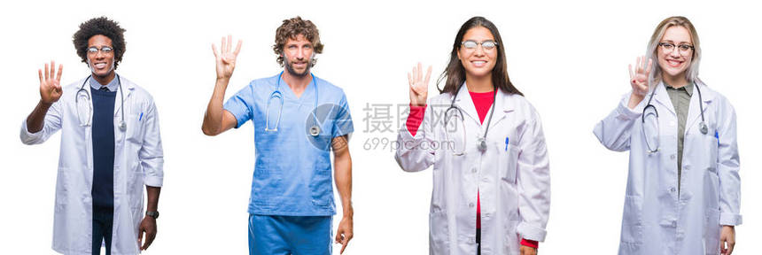一群医生护士外科医生在孤立的背景下展示并用四号手指向上指着高清图片下载-正版图片505459831-摄图网
