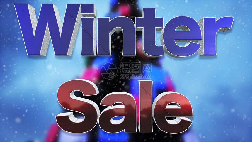 冬季销售3D文本美丽的金属和雪的文字效果随着雪图片