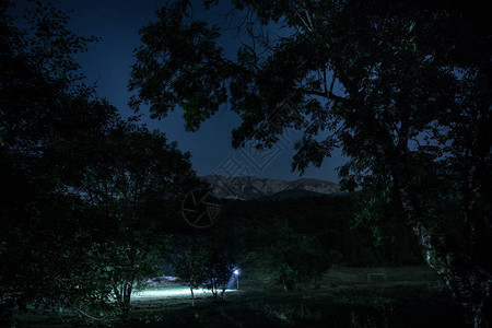 美丽的夜景与星夜山和森林有绿色草甸和山的夜森林在明亮的星夜图片