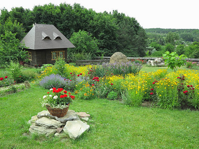 以鲜花和绿色森林为背景的小房子的田园风光图片