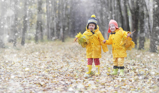 蹒跚学步的孩子们在秋天的公园里散步秋林初霜雪孩子们在公园背景图片