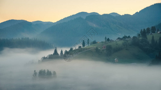 山林丘陵和日出时的雾景图片
