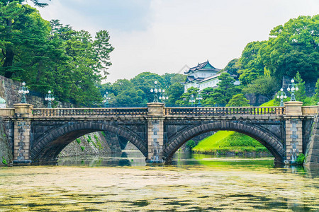 在东京市日本城建有护城和桥的帝国宫殿城堡背景图片