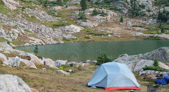 美丽的湖泊远处有露营帐篷图片