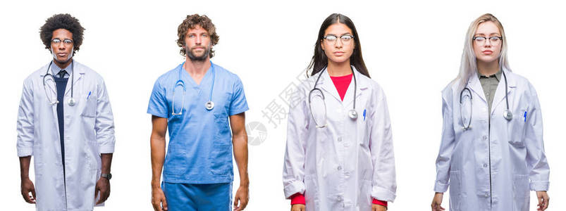 一群医生护士外科医生在孤立的背景中拼凑在一起图片