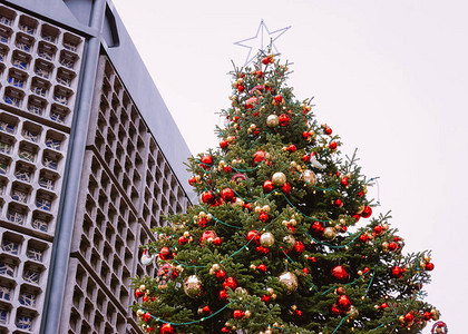 在德国冬季柏林凯泽威尔赫姆纪念教堂的市场圣诞树图片