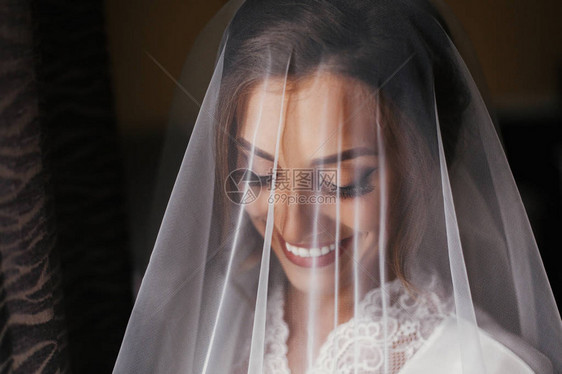 华丽美的新娘在面纱下穿着丝绸长袍微笑图片