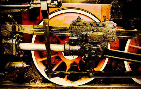 带有曲柄和轮子的旧蒸汽机车细节复古风格图片