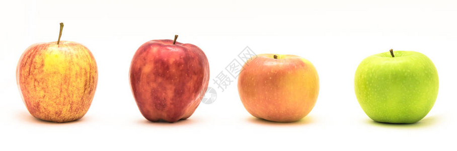 孤立在白色背景上的成熟多彩混合苹果的特写行种类繁多的有机富士史密斯奶RedDelicious和Gala健康水果纤维剪切路图片