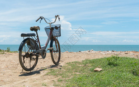 在海滩和蓝天和海或盐水的红色自行车在岩石或丘或桩上骑自行车在放松心情的图片