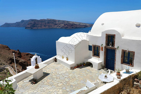 带露台和海景的希腊房子希腊圣托里尼岛上的白色建筑美图片