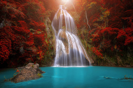 热带深森林的瀑布和秋色变化泰国美丽自然图片