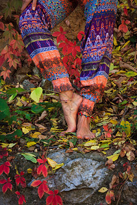 赤脚女人在瑜伽中的腿在多彩的秋露出室图片