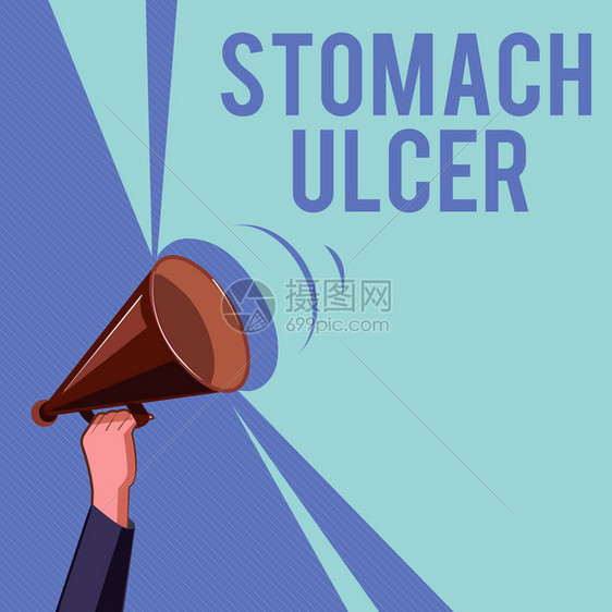 显示胃溃疡的文本符号概念照片打开了胃内衬的伤口图片