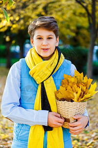 男孩手里拿着一束黄叶的米色篮子图片