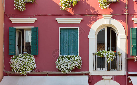 威尼斯风格的传统建筑的正面装饰着鲜花图片
