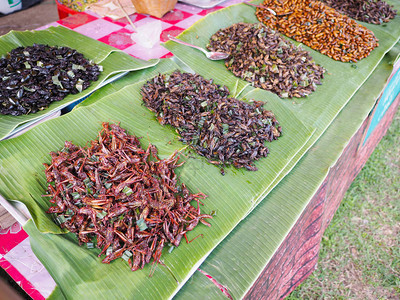 亚洲外来食品在市场销售的竹叶上的炸图片
