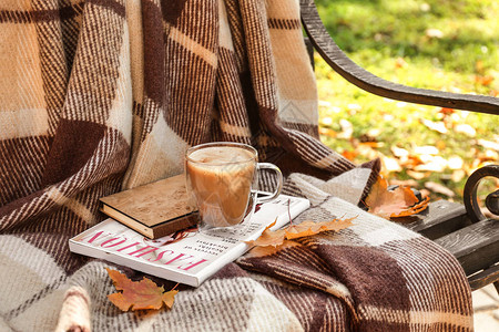 秋季公园木板凳上一杯热咖啡配有温暖格子图片