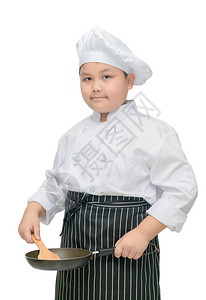 胖男孩厨师拿着脚钳在白色背图片