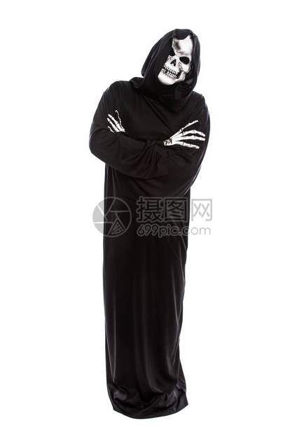 万圣节的服装一个骨架严酷的死神穿着黑色长袍图片