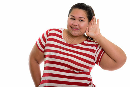 电影演播室拍摄年轻快乐的亚洲肥胖女人笑着听白种背图片