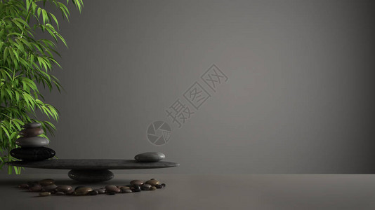 空室内设计风水概念zen想法白桌或有石子平衡的架子和绿竹图片