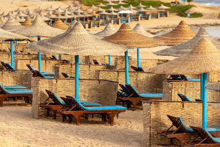 躺椅和稻草沙滩伞红海滩靠近马萨阿拉姆图片